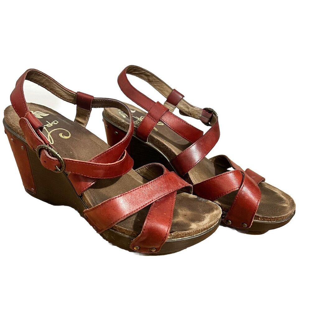 Dansko Frida Wedge Sandals Heels Size 41 / US 10.5 Red Leather Open Toe Strappy